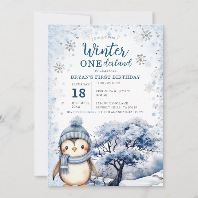 Invitation Penguin Winter Onederland Arctic Animals Birthday (Devant)