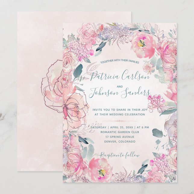 Invitation Peoné rose pâle aquarelle bouquets mariage (Devant / Derrière)