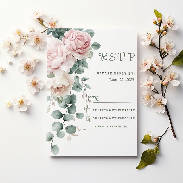 Invitation Peonées de guirlande rose feuille d'eucalyptus RSV (Pink garland peonies eucalyptus leaf RSVP)