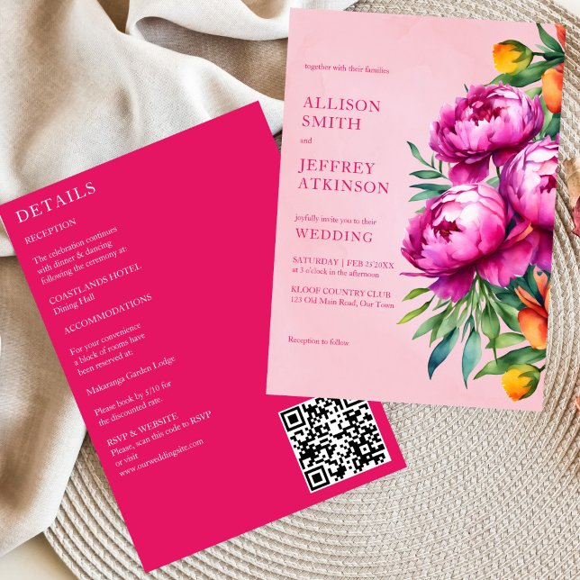 Invitation Peonées de magenta rose tout en un modèle mariage (Pink magenta peonies all in one wedding editable template invitation digital download floral blooms)