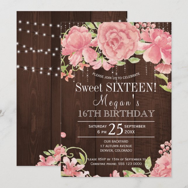 Invitation Peonées rousses à fleurs rustiques sweet sixteen e (Devant / Derrière)
