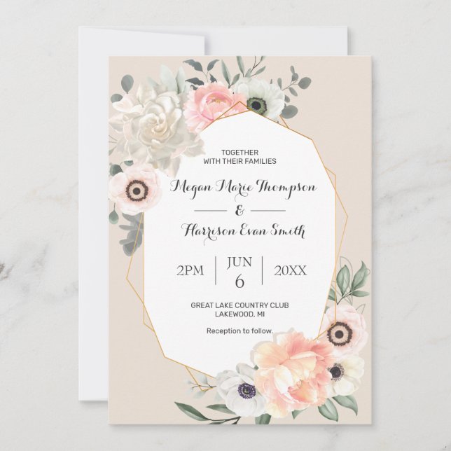Invitation Peonies Anémones Blush Floral Aquarelle Mariage  (Devant)
