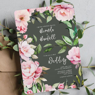 Invitation Peonies Aquarelle Mariage vert foncé