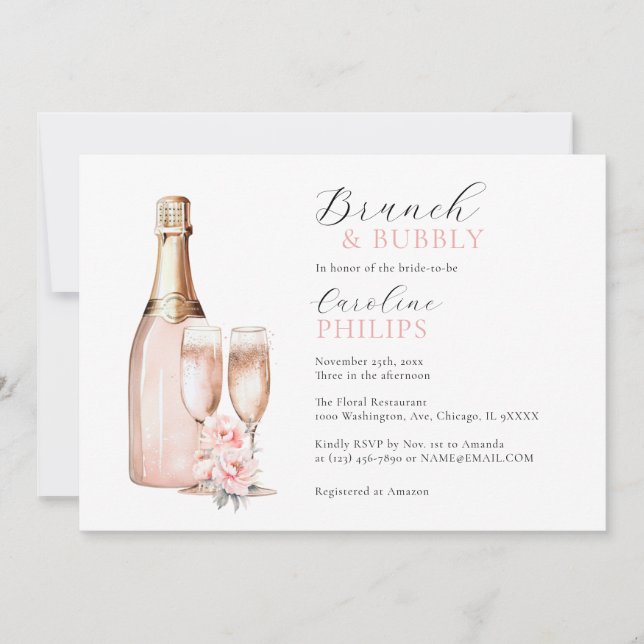 Invitation Peonies Blush Pink Brunch & FÊTE DES MARIÉES Bubbl (Devant)