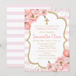 Invitation Peonies Blush Rose & Gold Christening