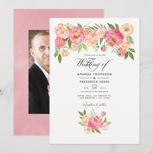 Invitation Peonies d'aquarelle rose Pastel Photo Mariage (Devant / Derrière)