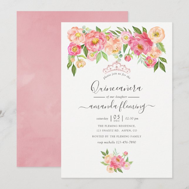 Invitation Peonies d'aquarelle rose pastel Quinceañera (Devant / Derrière)