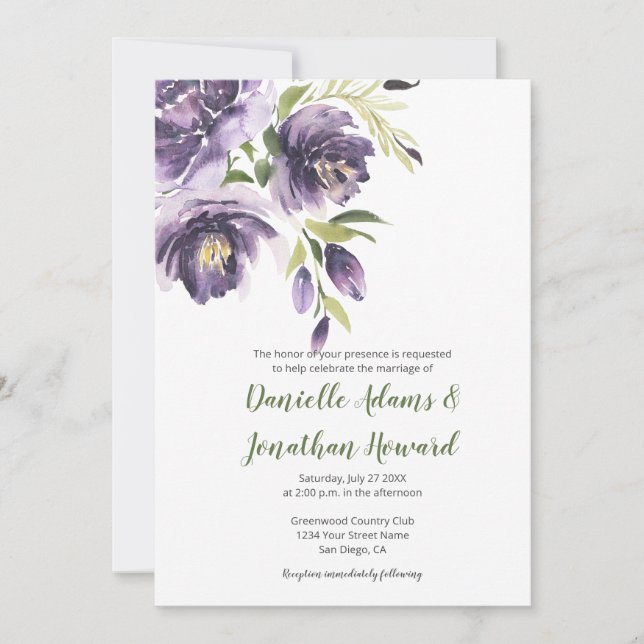 Invitation Peonies de lavande pourpre - Mariage de dos vert (Devant)