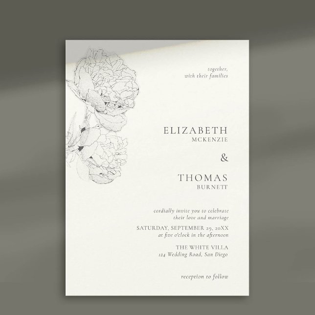 Invitation Peonies délicates Encre Pearl Blanc Elégant Mariag (peony wedding invitation large blooms ink sketch pearl white formal elegant modern classic)