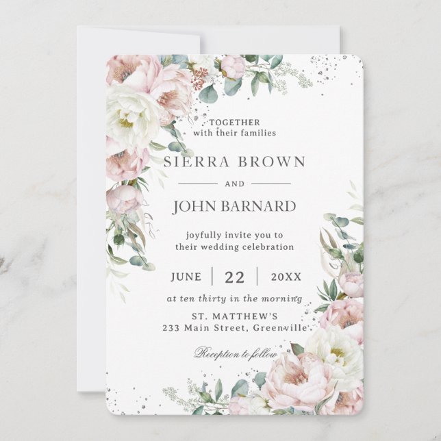 Invitation Peonies d'ivoire rose doux Mariage floral (Devant)