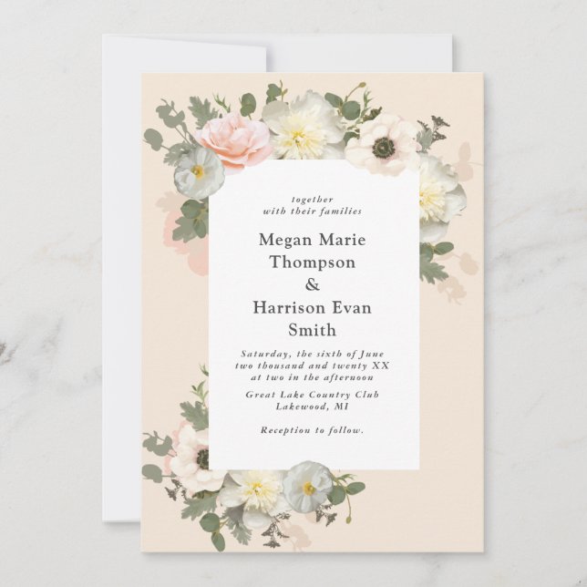 Invitation Peonies et Anémones en fleur Mariage Blush (Devant)