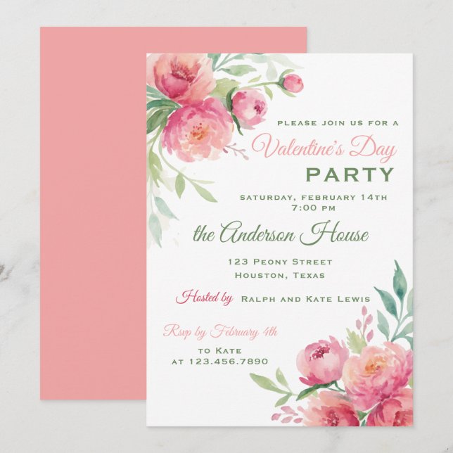 Invitation Peonies Floral Valentines Fête (Devant / Derrière)