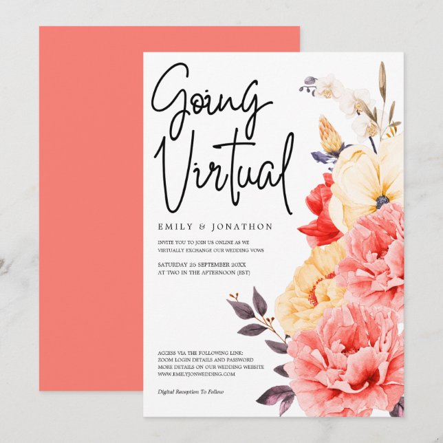 Invitation Peonies Magnolia Aquarelle Aller mariage virtuel (Devant / Derrière)