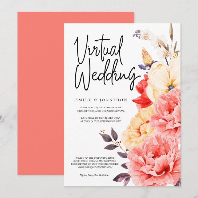 Invitation Peonies Magnolia Aquarelle Floral mariage virtuel (Devant / Derrière)