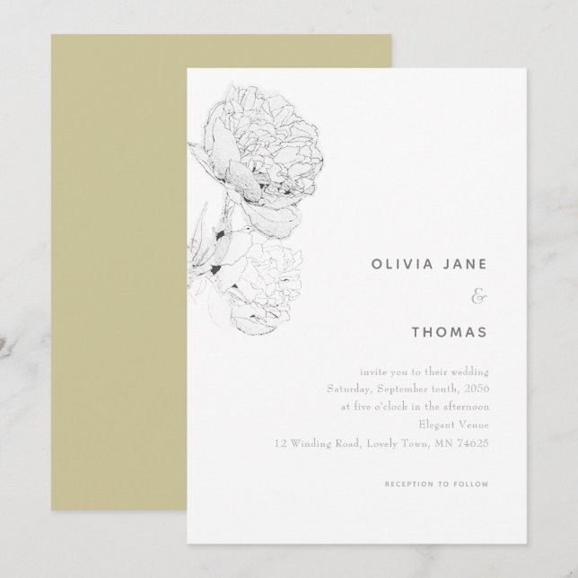 Invitation Peonies noir blanc Elégant Mariage de croquis flor (Devant / Derrière)