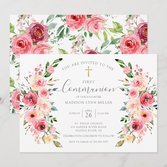 Invitation Peonies printanières Première communion florale (Devant / Derrière)