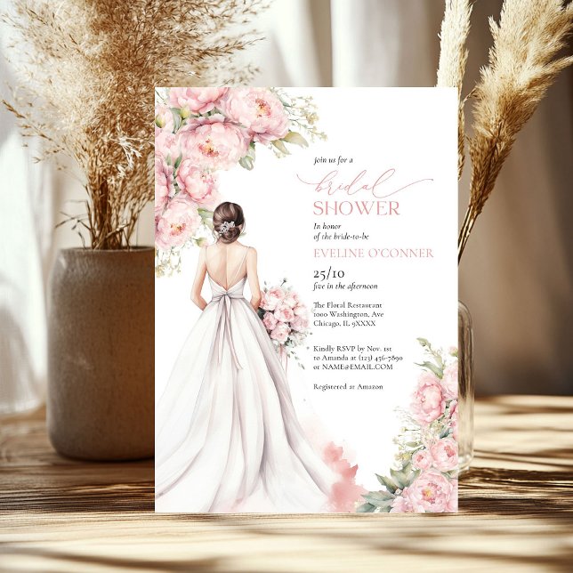 Invitation Peonies romantiques Robe rose vierge (Romantic Peonies Blush Pink Bride Dress Invitation)