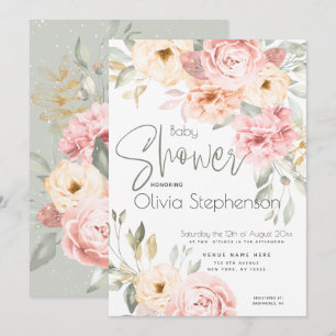 Invitation Peonies rose et ivoire de baby shower