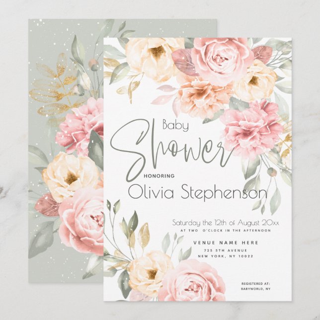 Invitation Peonies rose et ivoire de baby shower (Devant / Derrière)