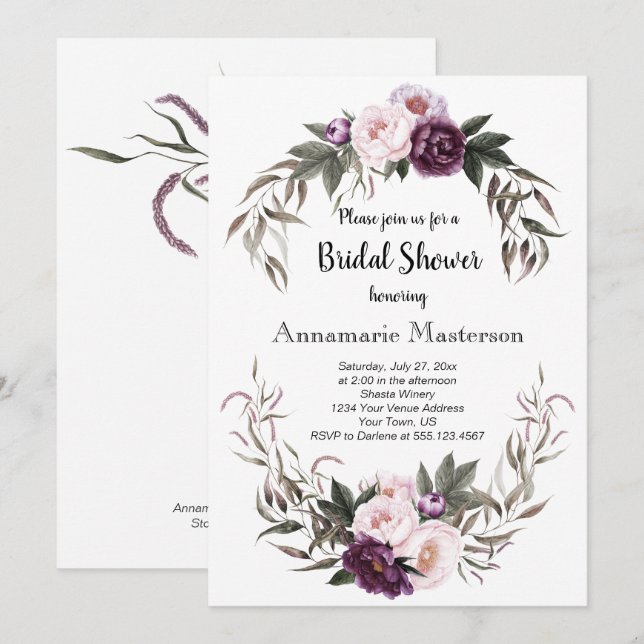 Invitation Peonies rose prune violette Fête des mariées de co (Devant / Derrière)