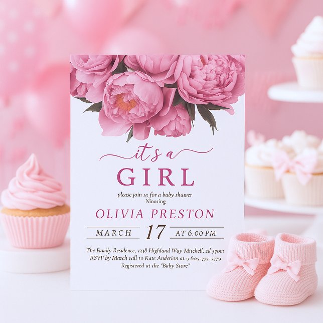 Invitation Peonies roses Aquarelle Baby shower C'est une fill (Pink Peonies Watercolor Baby Shower It's A Girl Invitation)