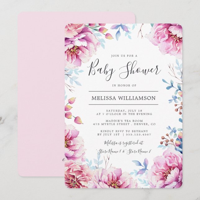 Invitation Peonies roses Aquarelle Baby shower Floral (Devant / Derrière)