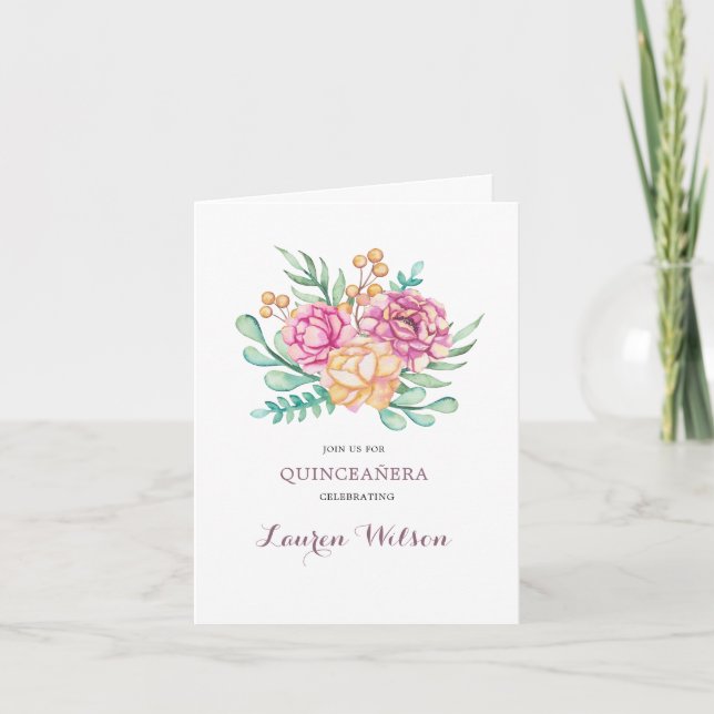 Invitation Peonies roses Bouguet Quinceanera plié (Devant)