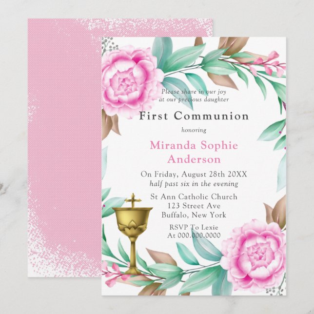 Invitation Peonies roses Chalice d'or Première communion (Devant / Derrière)