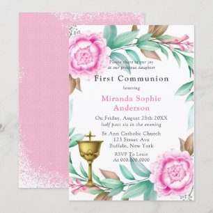 Invitation Peonies roses Chalice d'or Première communion