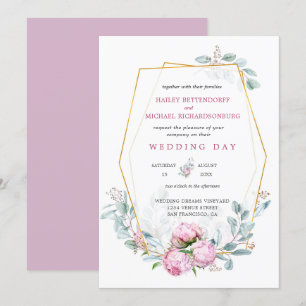 Invitation Peonies roses Dusty Mariage de cadre d'or géométri