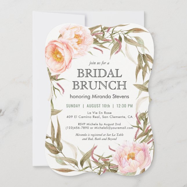 Invitation Peonies roses Fleur de couronne Brunch nuptial (Devant)