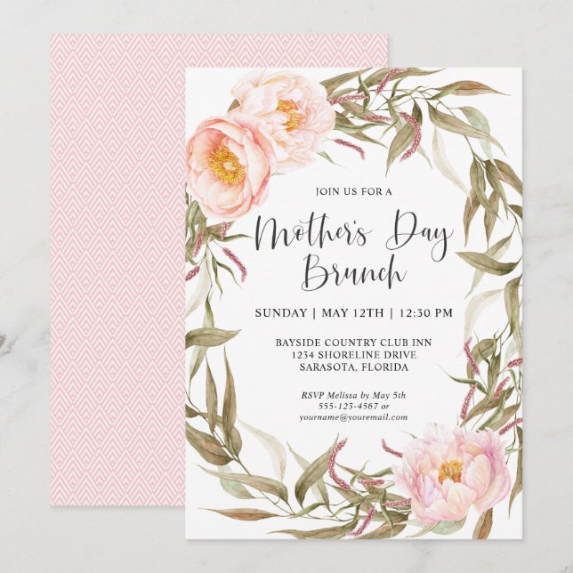 Invitation Peonies roses Fleur Wreath Fête des mères Brunch (Devant / Derrière)