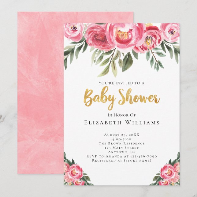 Invitation Peonies roses Fleurs d'aquarelle Baby shower fille (Devant / Derrière)