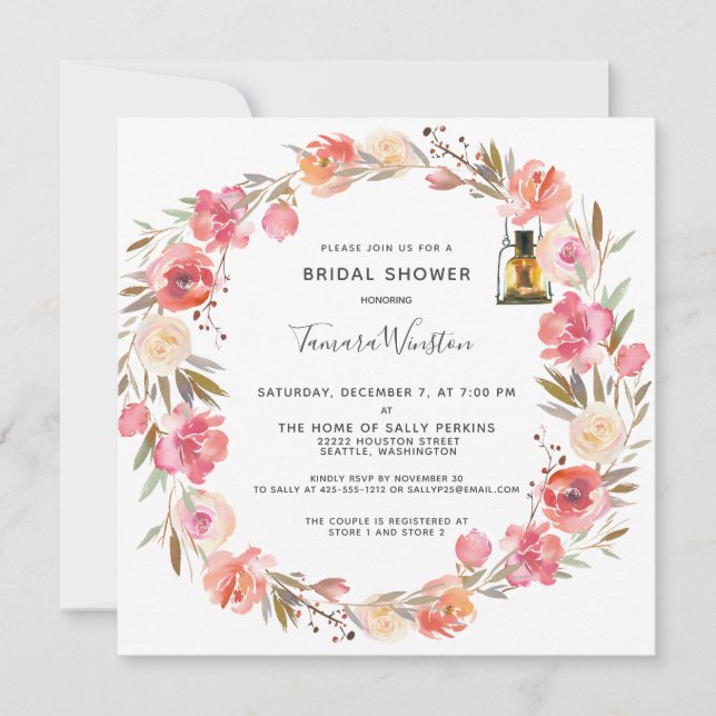 Invitation Peonies roses Floral Gold Lights Fête des mariées (Devant)