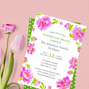 Invitation Peonies roses Green Polka Dot Fête des Mères Brunc