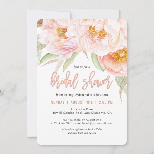 Invitation Peonies roses luxuriantes Aquarelle Fête des marié (Devant)