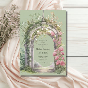 Invitation Peonies roses Mariage Arc de verdure Sage
