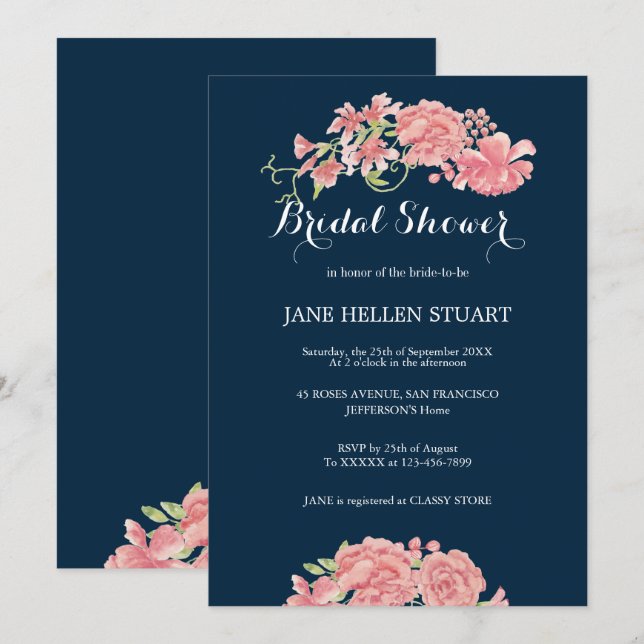 Invitation Peonies roses marine bleu floral douche nuptiale (Devant / Derrière)