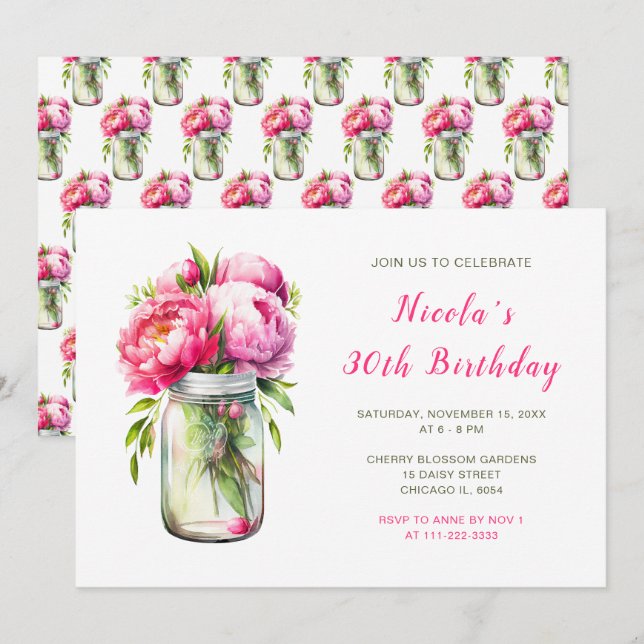 Invitation Peonies roses Mason Jar fête d'anniversaire (Devant / Derrière)