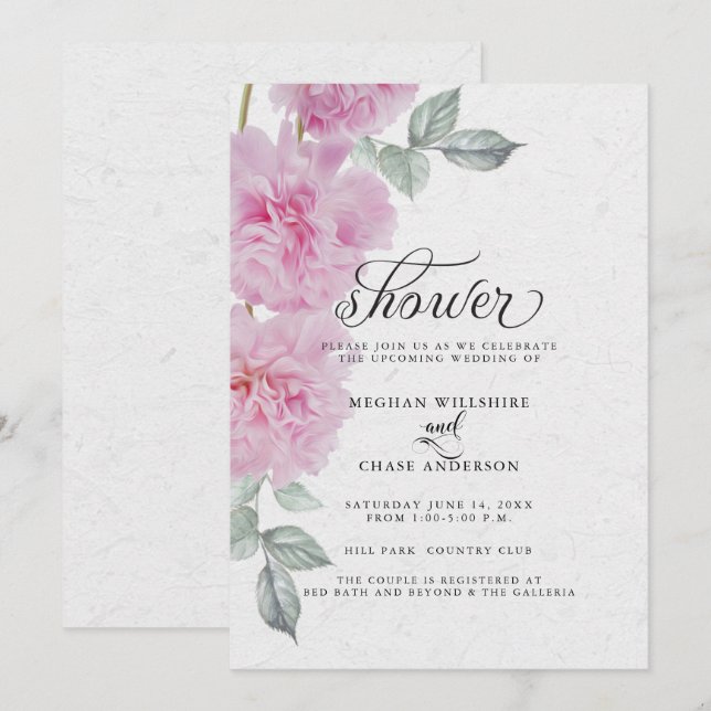 Invitation Peonies roses romantiques Papier de riz BarefootBr (Devant / Derrière)