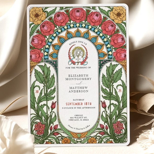 Invitation Peonies rouges et roses jaunes Mariage Art nouveau (Créateur téléchargé)