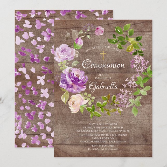 Invitation Peonies rustiques Floral Wreath Communion Invitati (Devant / Derrière)