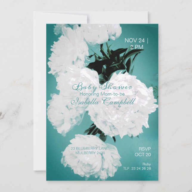 Invitation Peonies Turquoise Fleurs Baby shower élégant (Devant)