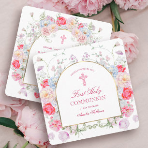Invitation Peonis et Rose Arc Premier Carré Communion