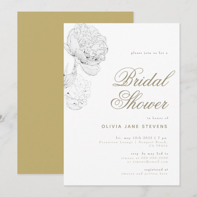 Invitation Peony BW Gold Élégant Script Fête des mariées flor (Devant / Derrière)