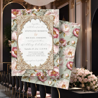 Invitation Peony Elegant Floral Gold avec rose et Mariage Sag