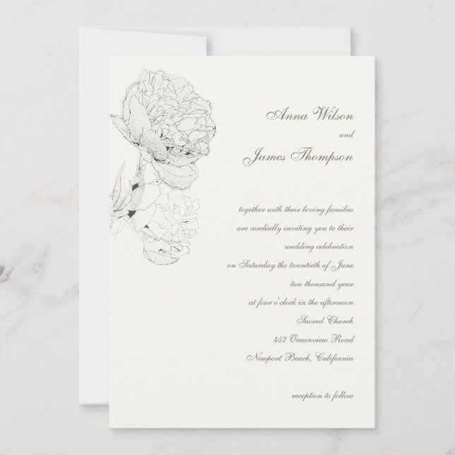 Invitation Peony Enk croquis Ivory Élégant Mariage de calligr (Devant)