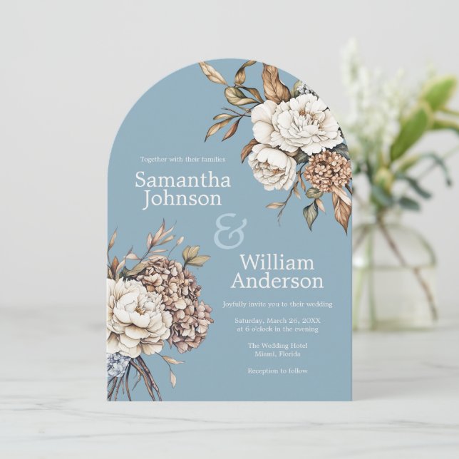 Invitation Peony et Hydrangea Mariage bleu Poudre (Debout devant)