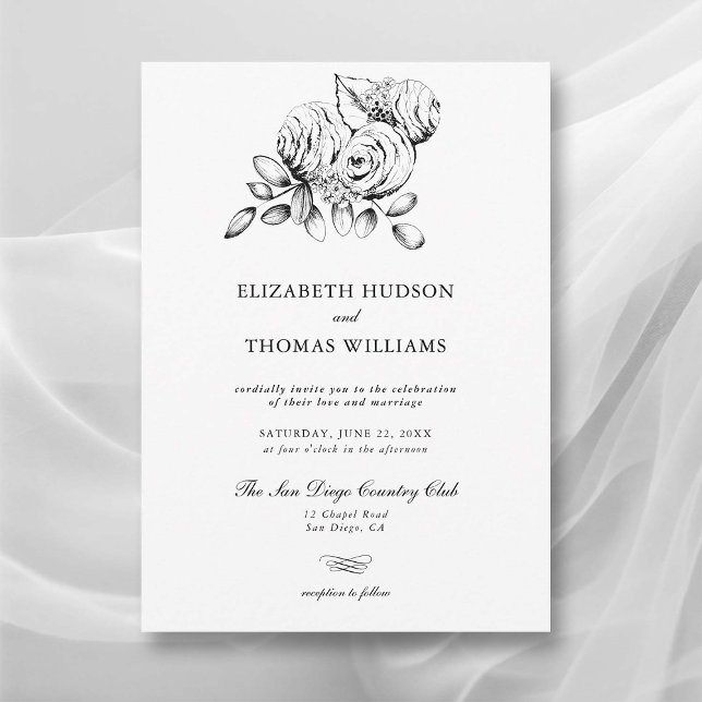 Invitation Peony Floral Art Croquis Moderne Mariage classique (peony wedding invitation modern classic formal  floral sketch black white elegant romantic)