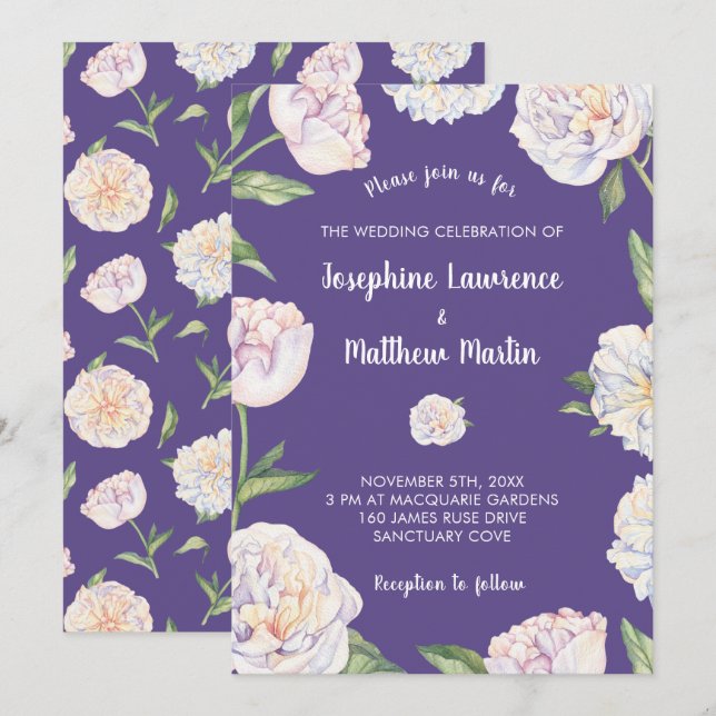 Invitation Peony Floral Violet Puple Wedding (Devant / Derrière)